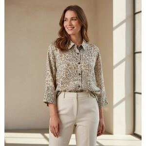 IOS Top Size M L Beige Gray Burnout Button Sheer Linen Womens Office Neutral